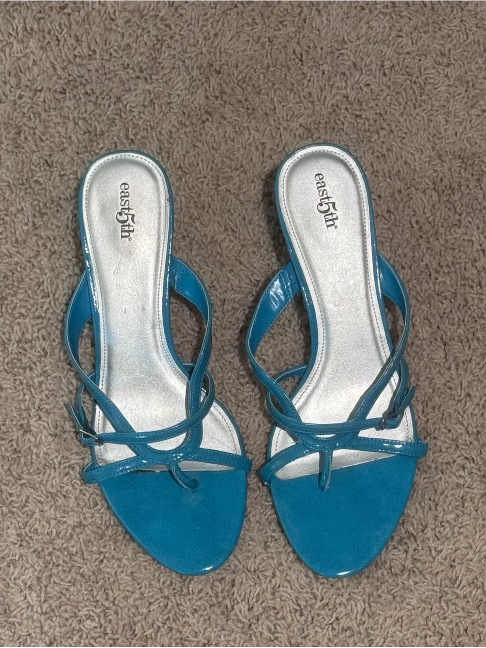 East 5th Teal, Bright Blue Strappy Kitten Heel Mule Sandals
